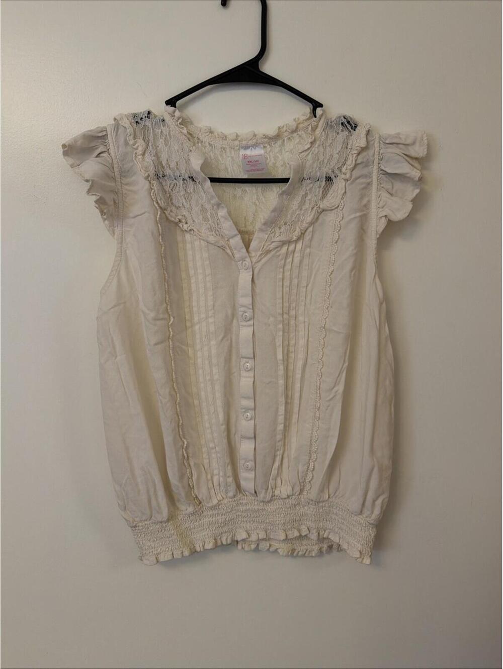 No Boundaries Shirt Girls  XXL 19 Cream Lace Ruffle Button Front Boho Top